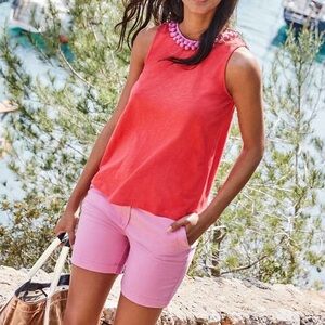 Boden Melody Vest Coral Red with Pink Pom Pom Sleeveless Tank Top NWT size 4